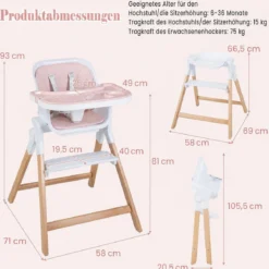 Hochstuhl Baby 4 in 1 Kinderhochstuhl Faltbar Verstellbar 71 x 58 x 93 cm mit Tablett Rosa/Grau/Beige