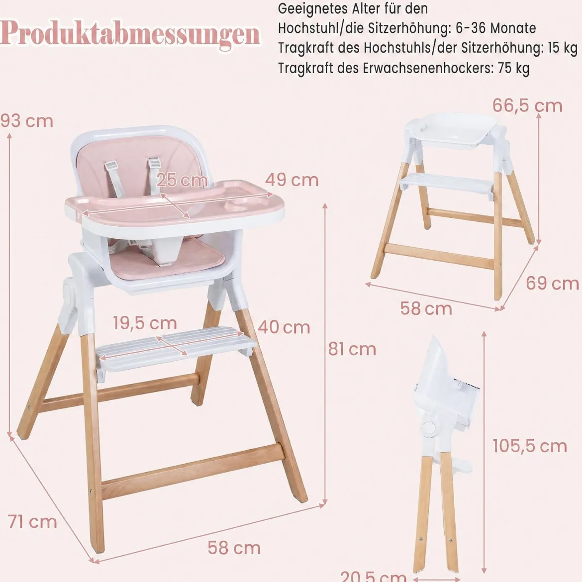 Hochstuhl Baby 4 in 1 Kinderhochstuhl Faltbar Verstellbar 71 x 58 x 93 cm mit Tablett Rosa/Grau/Beige