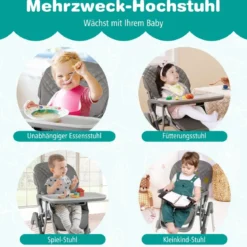 Hochstuhl Baby klappbar Kinderhochstuhl mit Liegenfunktion & verstellbaren Höhen Beige/Grau
