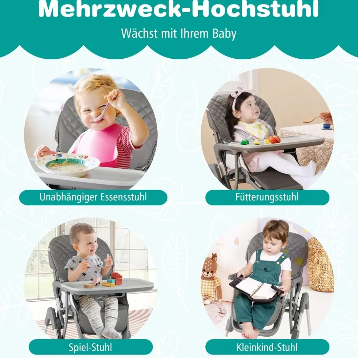 Hochstuhl Baby klappbar Kinderhochstuhl mit Liegenfunktion & verstellbaren Höhen Beige/Grau