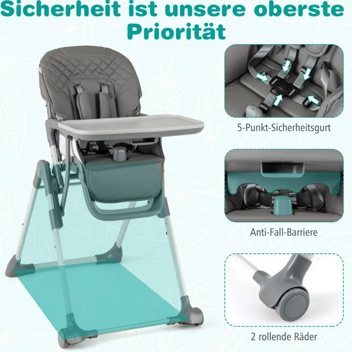 Hochstuhl Baby klappbar Kinderhochstuhl mit Liegenfunktion & verstellbaren Höhen Beige/Grau