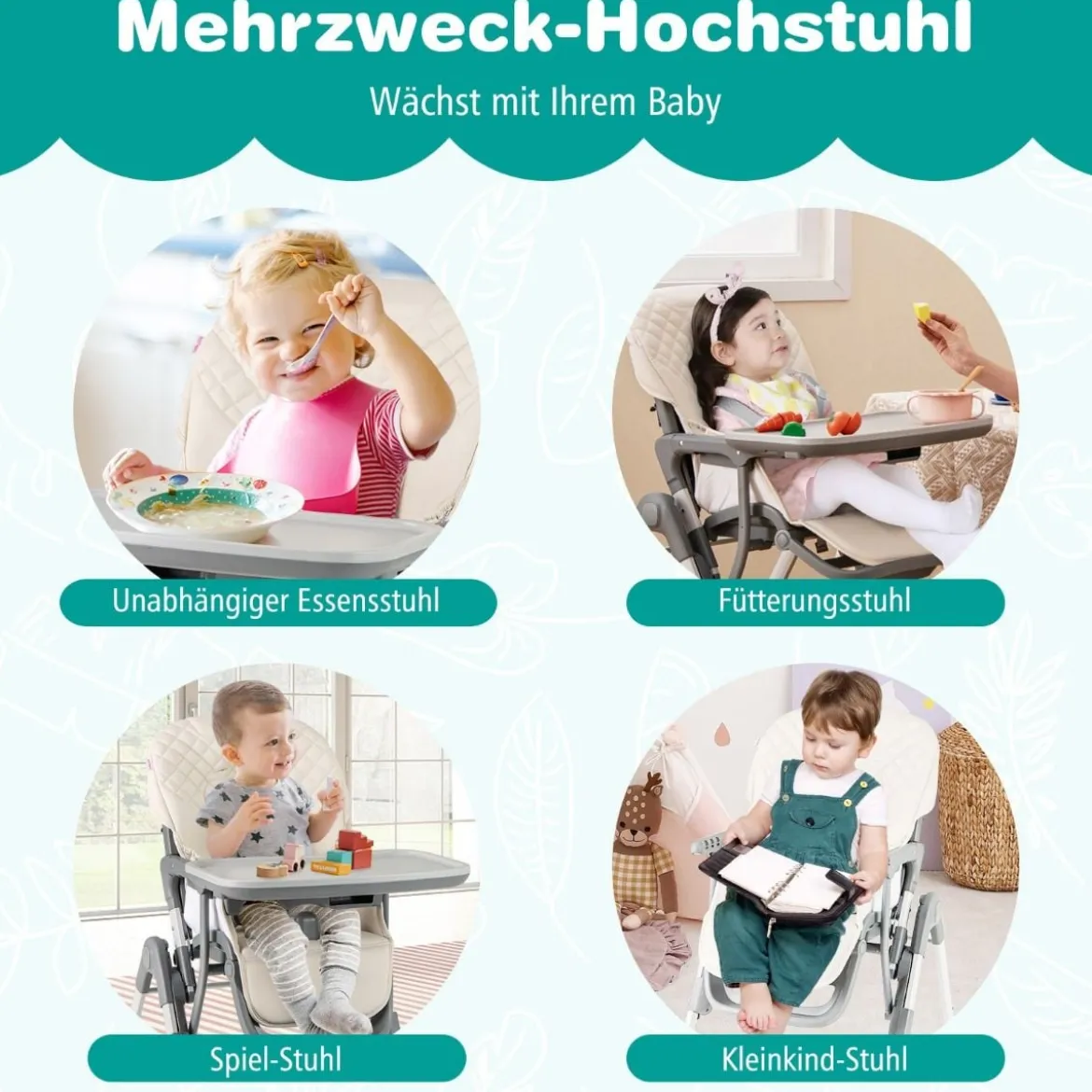 Hochstuhl Baby klappbar Kinderhochstuhl mit Liegenfunktion & verstellbaren Höhen Beige/Grau