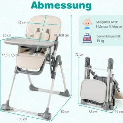 Hochstuhl Baby klappbar Kinderhochstuhl mit Liegenfunktion & verstellbaren Höhen Beige/Grau