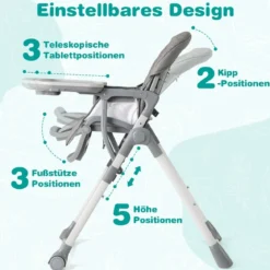 Hochstuhl Baby klappbar Kinderhochstuhl mit Liegenfunktion & verstellbaren Höhen Beige/Grau