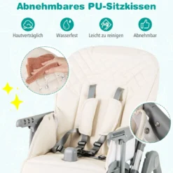 Hochstuhl Baby klappbar Kinderhochstuhl mit Liegenfunktion & verstellbaren Höhen Beige/Grau