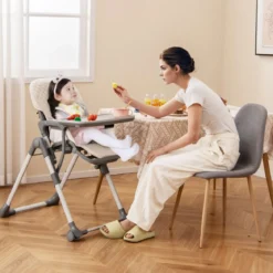 Hochstuhl Baby klappbar Kinderhochstuhl mit Liegenfunktion & verstellbaren Höhen Beige/Grau