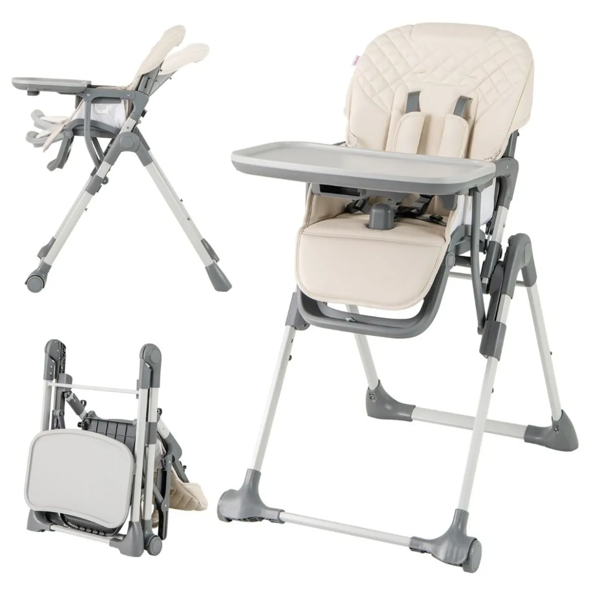 Hochstuhl Baby klappbar Kinderhochstuhl mit Liegenfunktion & verstellbaren Höhen Beige/Grau