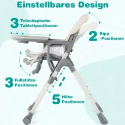Hochstuhl Baby klappbar Kinderhochstuhl mit Liegenfunktion & verstellbaren Höhen Beige/Grau