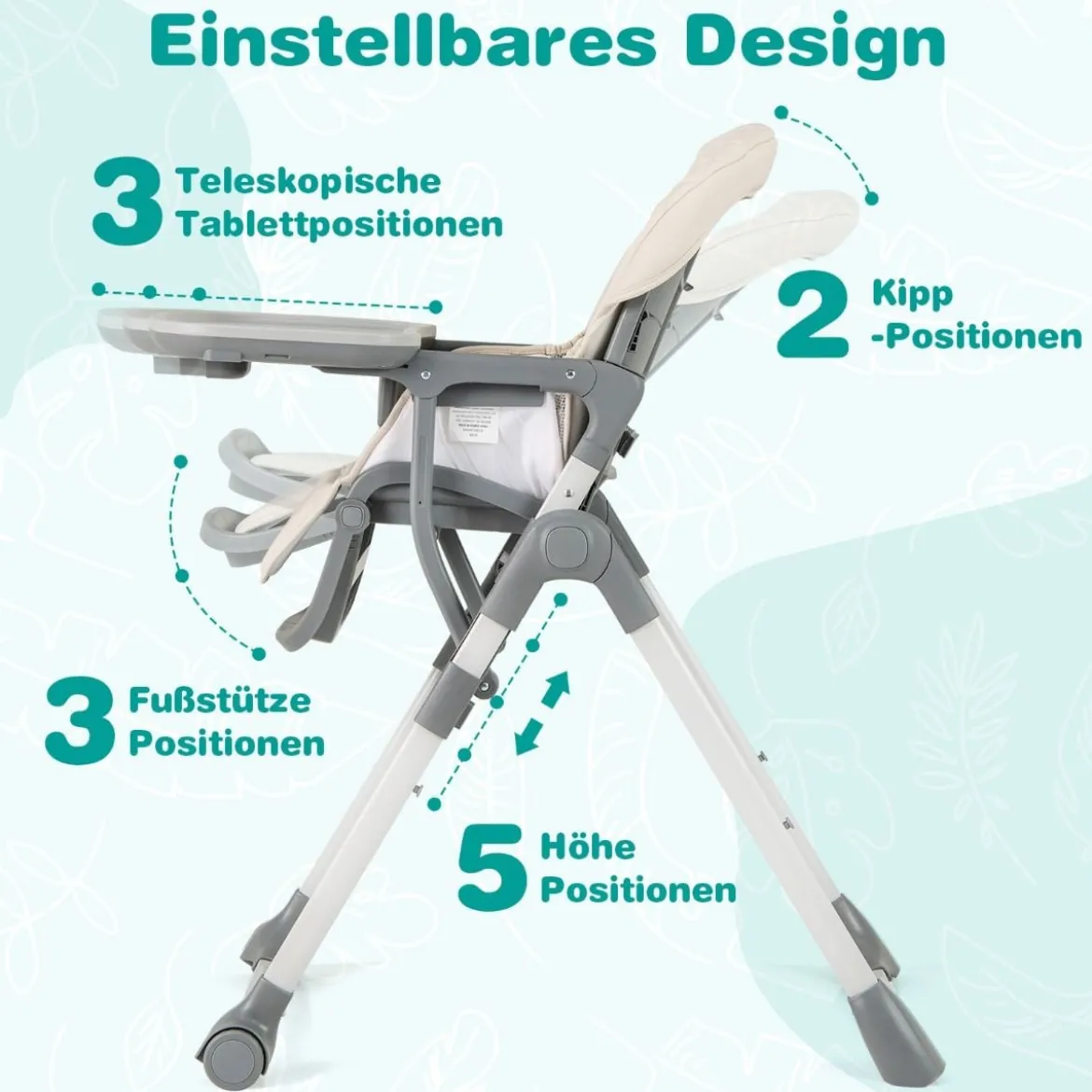 Hochstuhl Baby klappbar Kinderhochstuhl mit Liegenfunktion & verstellbaren Höhen Beige/Grau