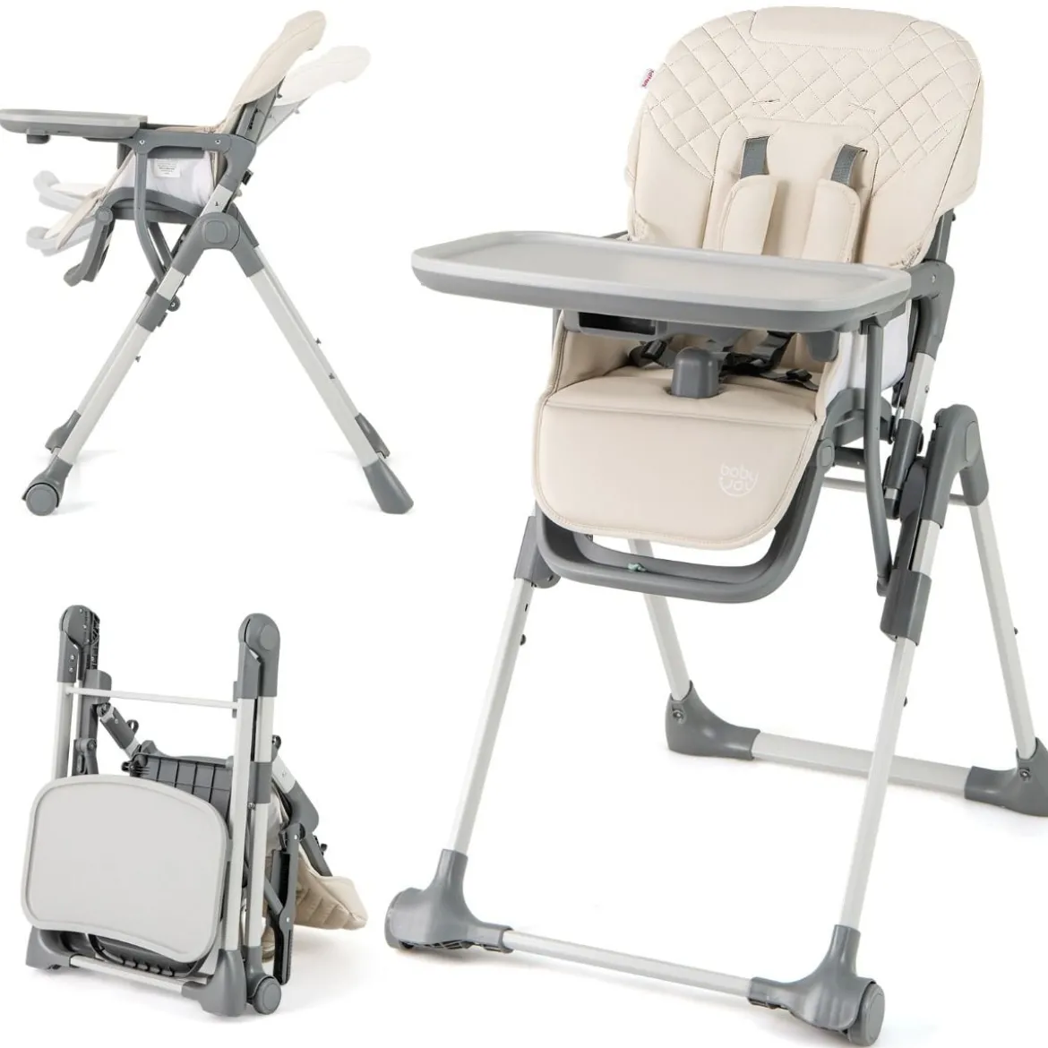 Hochstuhl Baby klappbar Kinderhochstuhl mit Liegenfunktion & verstellbaren Höhen Beige/Grau