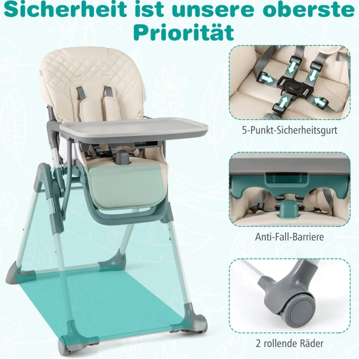 Hochstuhl Baby klappbar Kinderhochstuhl mit Liegenfunktion & verstellbaren Höhen Beige/Grau