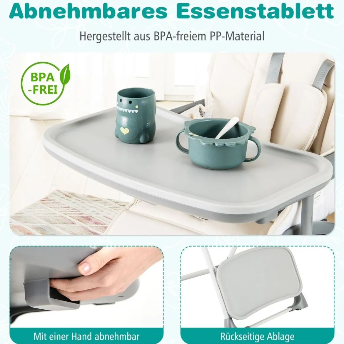 Hochstuhl Baby klappbar Kinderhochstuhl mit Liegenfunktion & verstellbaren Höhen Beige/Grau