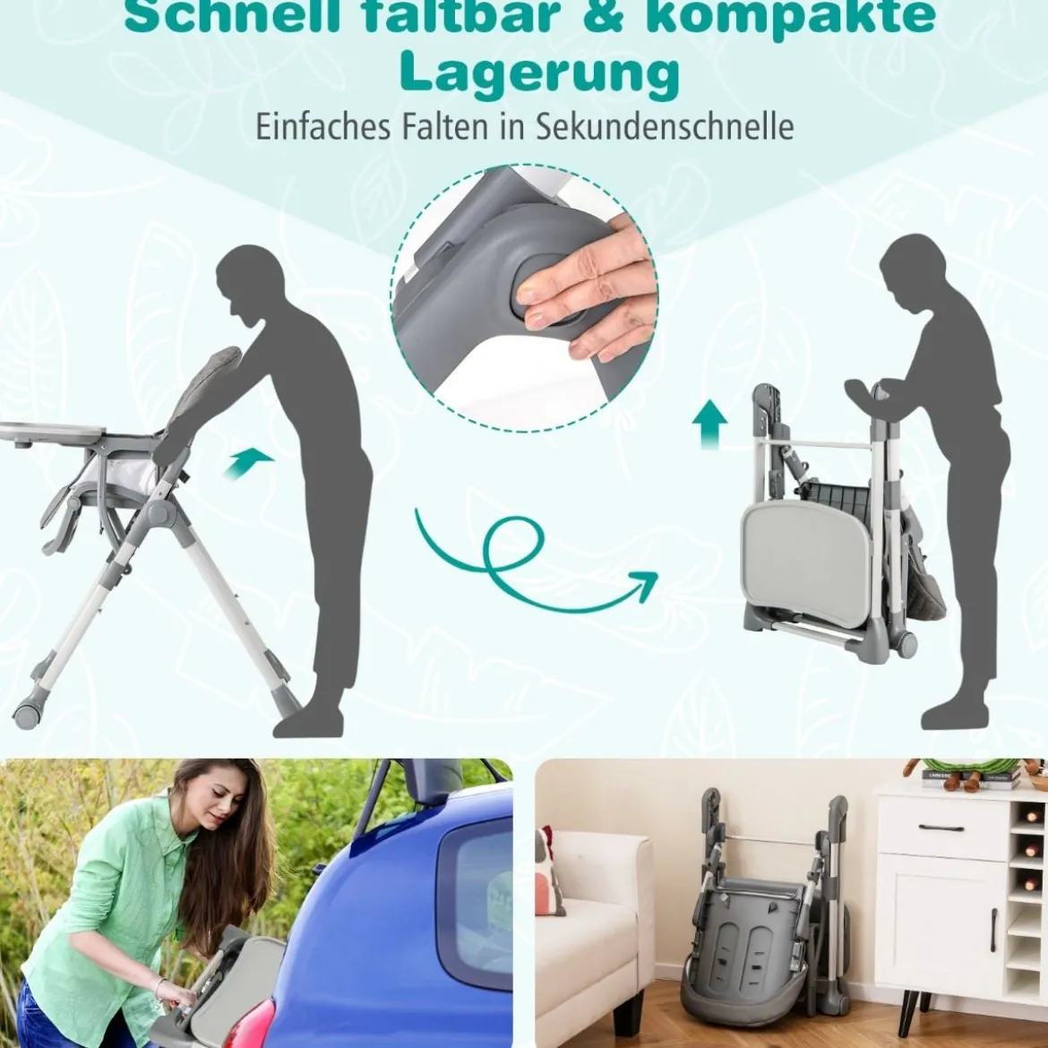 Hochstuhl Baby klappbar Kinderhochstuhl mit Liegenfunktion & verstellbaren Höhen Beige/Grau