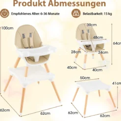 Hochstuhl für Babys & Kleinkinder 6-in-1 Convertible Tisch Stuhl Set mit Bausteintisch Beige