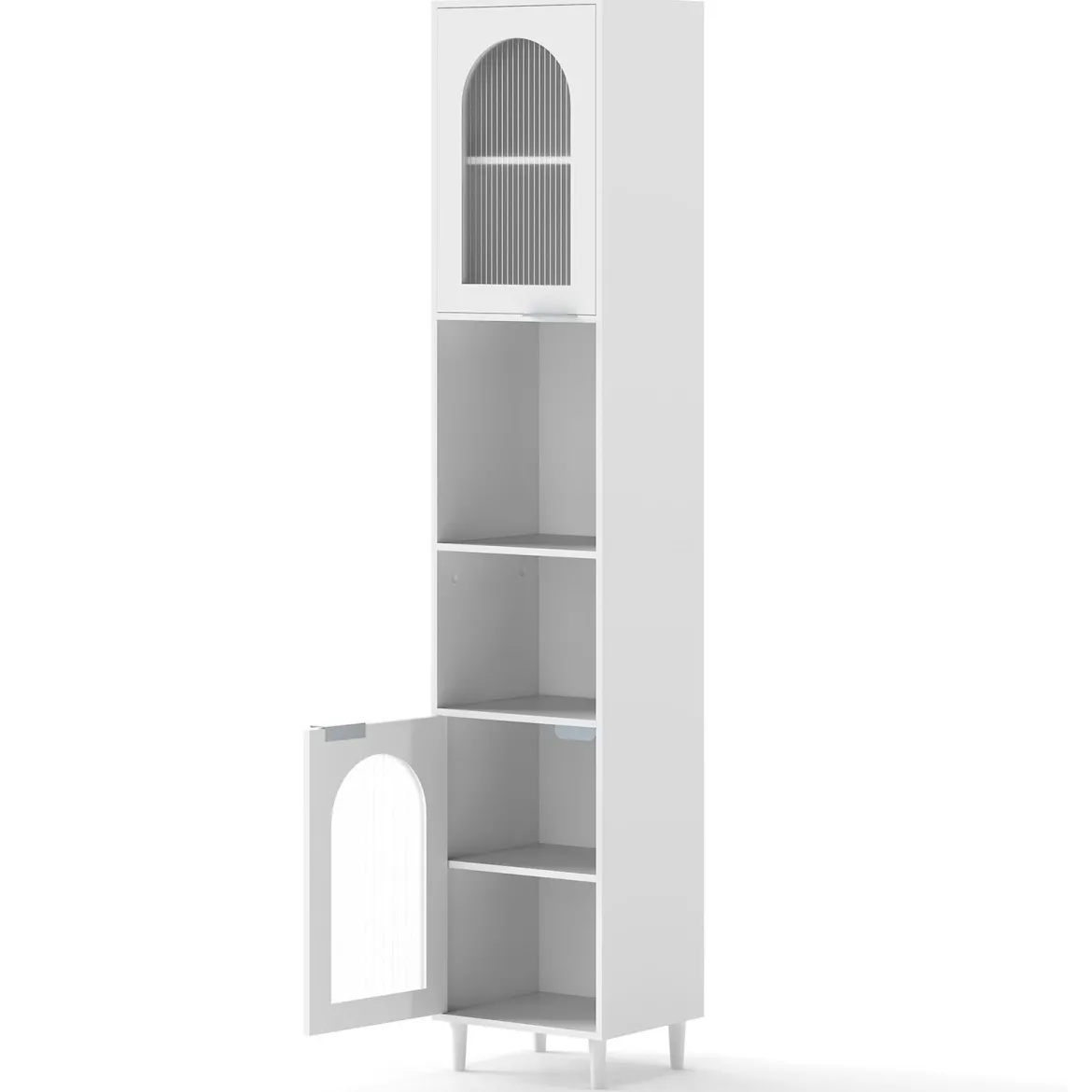 Hoher Badezimmerschrank schmaler Heimorganisator mit zwei geriffelten Glastüren freistehender schmaler Schrank Weiß