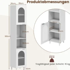 Hoher Badezimmerschrank schmaler Heimorganisator mit zwei geriffelten Glastüren freistehender schmaler Schrank Weiß