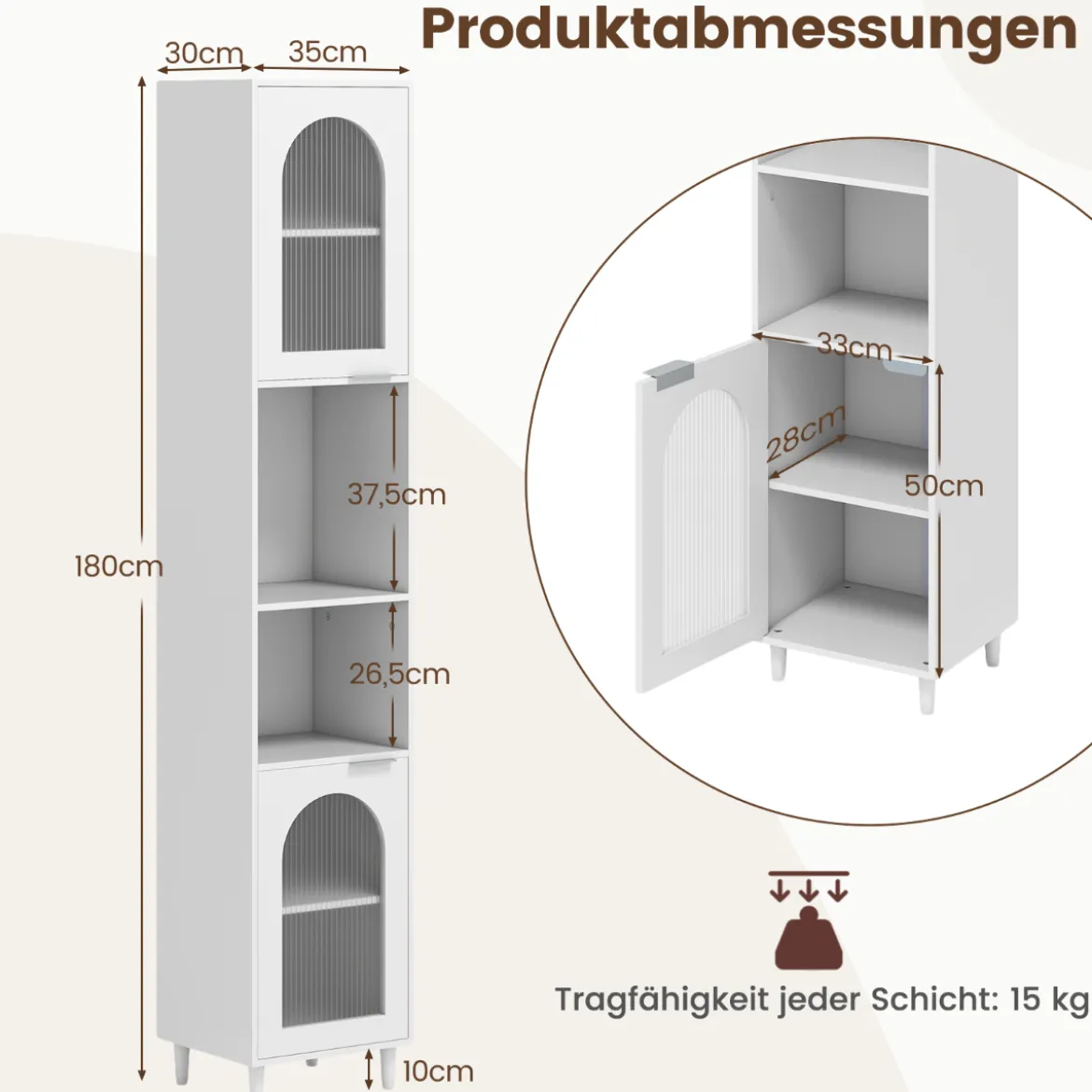 Hoher Badezimmerschrank schmaler Heimorganisator mit zwei geriffelten Glastüren freistehender schmaler Schrank Weiß