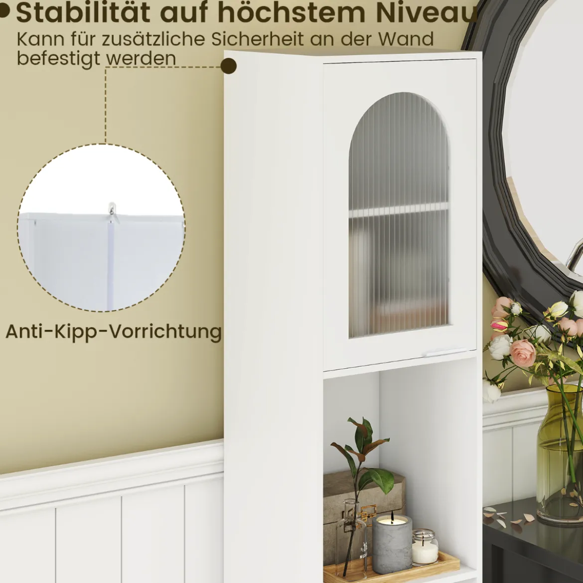 Hoher Badezimmerschrank schmaler Heimorganisator mit zwei geriffelten Glastüren freistehender schmaler Schrank Weiß