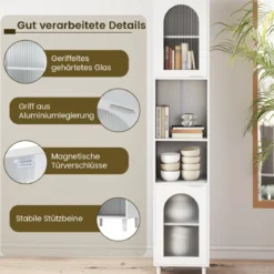 Hoher Badezimmerschrank schmaler Heimorganisator mit zwei geriffelten Glastüren freistehender schmaler Schrank Weiß