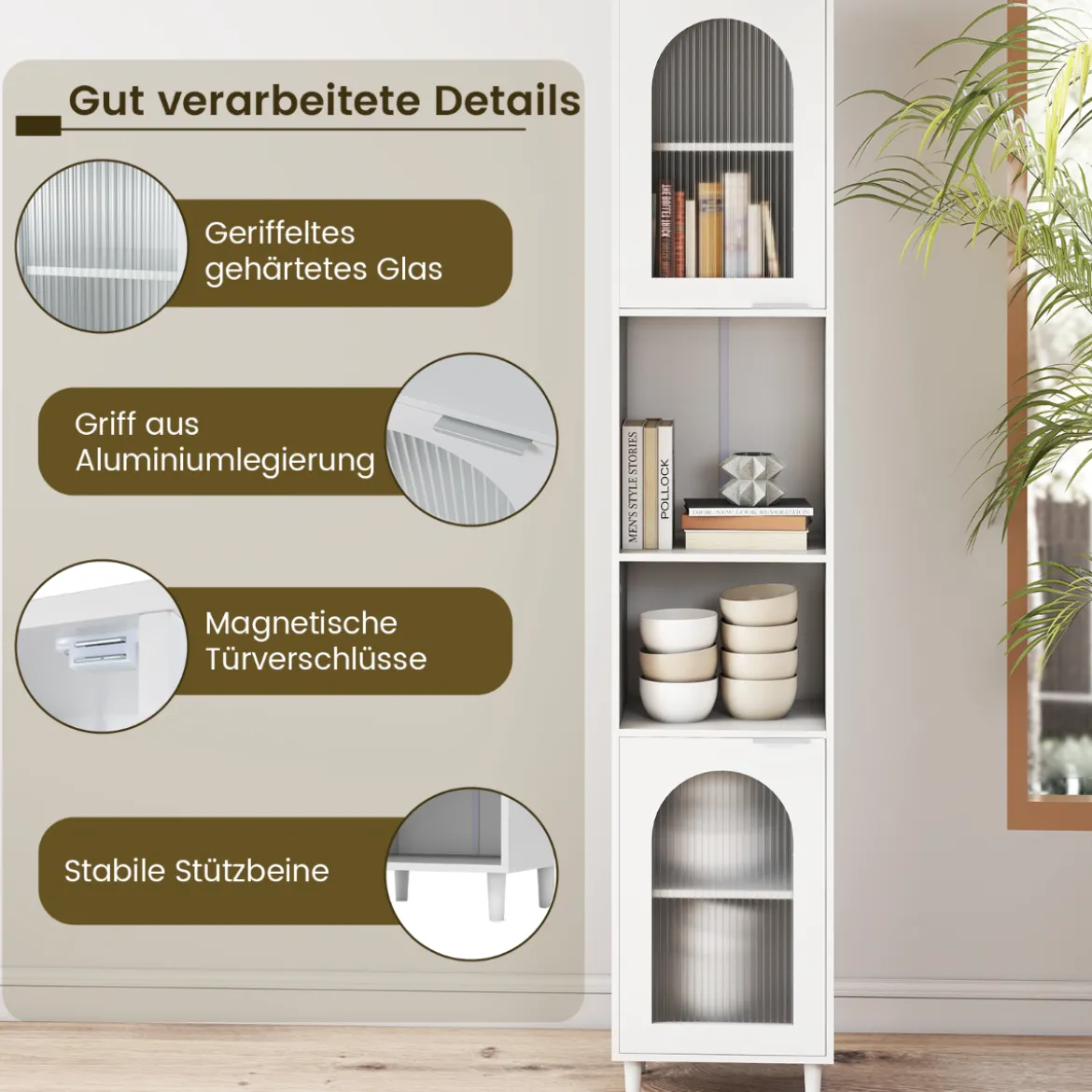 Hoher Badezimmerschrank schmaler Heimorganisator mit zwei geriffelten Glastüren freistehender schmaler Schrank Weiß