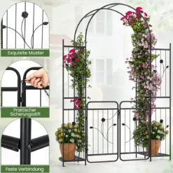 Hoher Gartenbogen mit Tor & Pflanzregalen Kletterspalier Metallbogen für Kletterpflanzen Schwarz