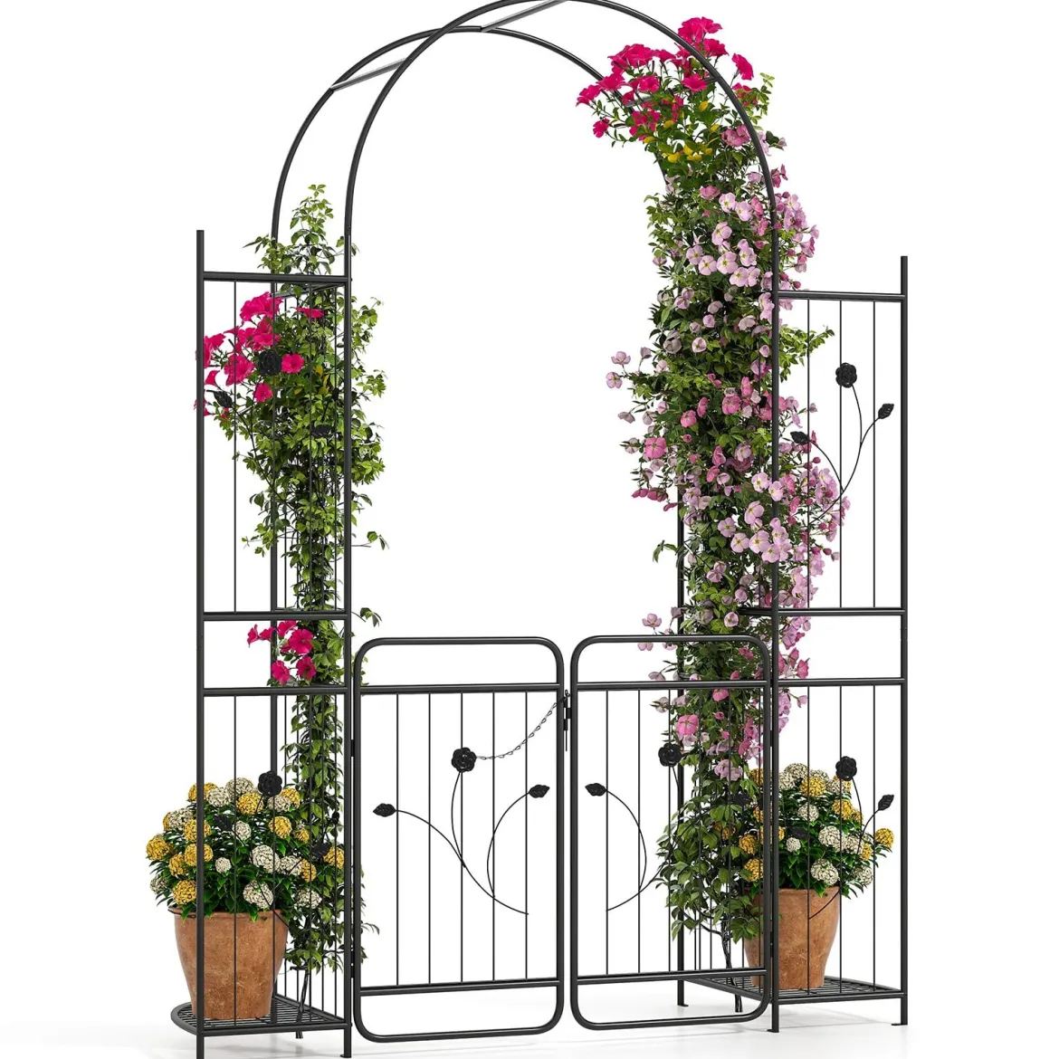 Hoher Gartenbogen mit Tor & Pflanzregalen Kletterspalier Metallbogen für Kletterpflanzen Schwarz