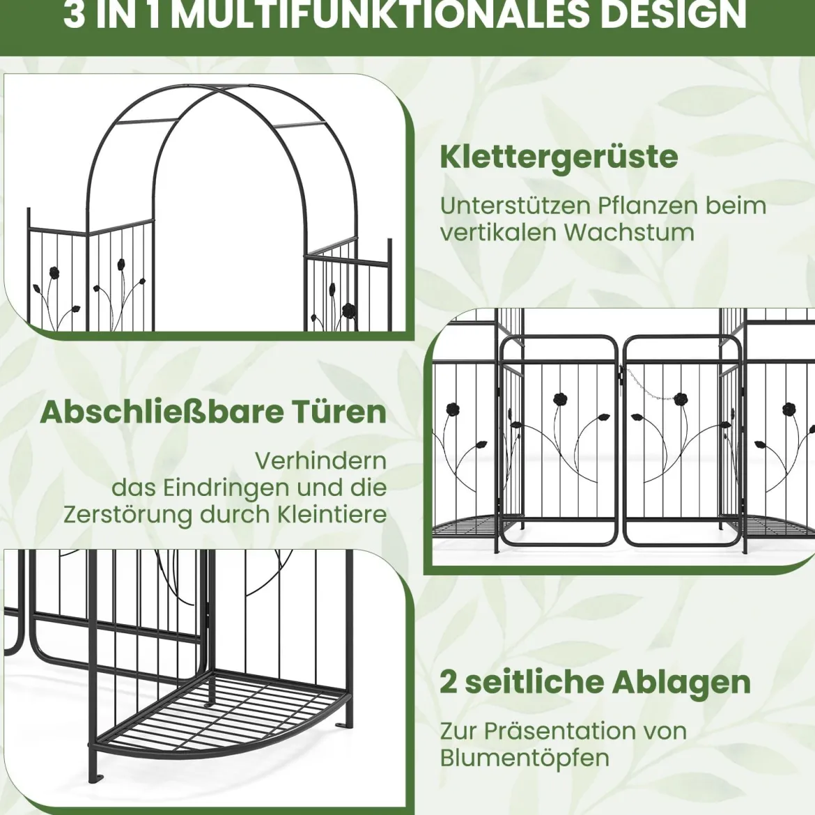 Hoher Gartenbogen mit Tor & Pflanzregalen Kletterspalier Metallbogen für Kletterpflanzen Schwarz