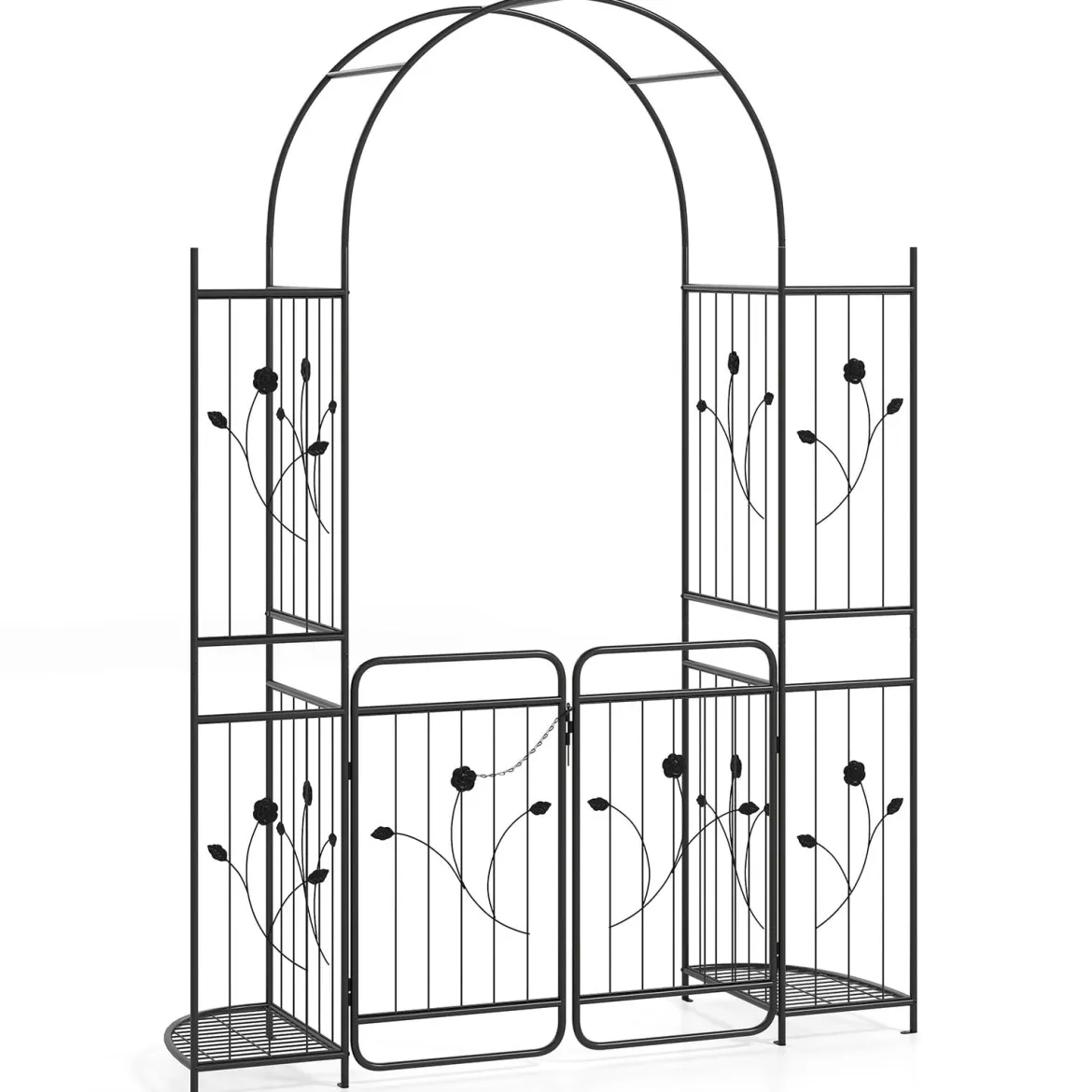 Hoher Gartenbogen mit Tor & Pflanzregalen Kletterspalier Metallbogen für Kletterpflanzen Schwarz