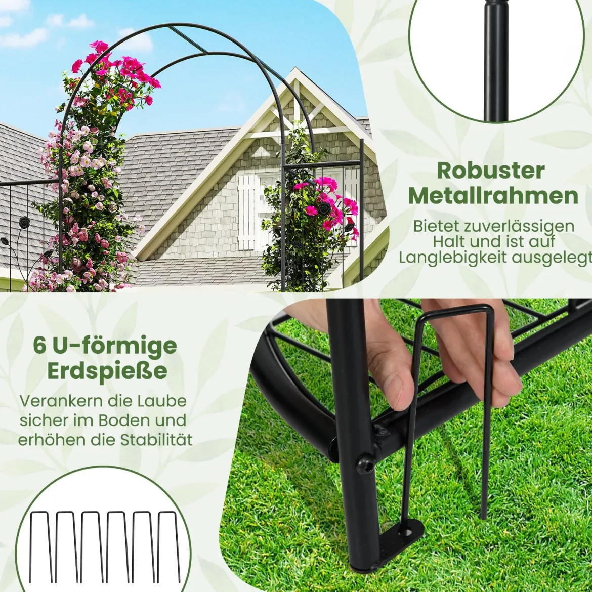 Hoher Gartenbogen mit Tor & Pflanzregalen Kletterspalier Metallbogen für Kletterpflanzen Schwarz