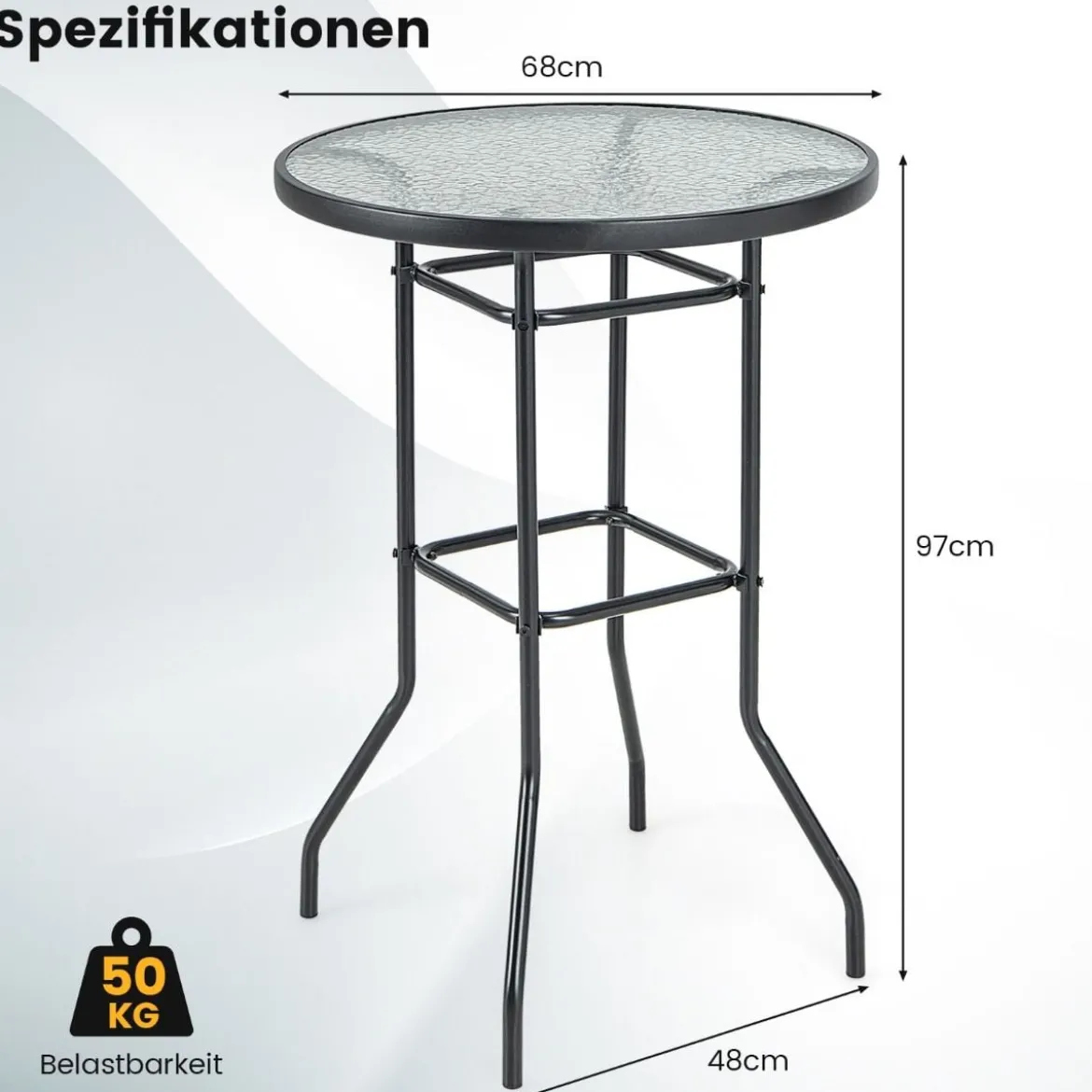 Hoher Gartentisch Stehtisch runder Bistrotisch mit Tischplatte aus gehärtetem Glas 68 x 68 x 97 cm Schwarz