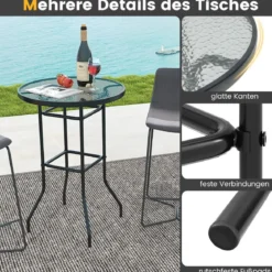 Hoher Gartentisch Stehtisch runder Bistrotisch mit Tischplatte aus gehärtetem Glas 68 x 68 x 97 cm Schwarz