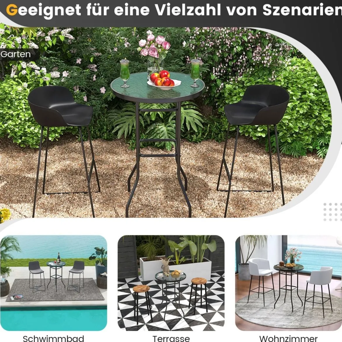 Hoher Gartentisch Stehtisch runder Bistrotisch mit Tischplatte aus gehärtetem Glas 68 x 68 x 97 cm Schwarz