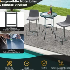 Hoher Gartentisch Stehtisch runder Bistrotisch mit Tischplatte aus gehärtetem Glas 68 x 68 x 97 cm Schwarz