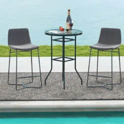 Hoher Gartentisch Stehtisch runder Bistrotisch mit Tischplatte aus gehärtetem Glas 68 x 68 x 97 cm Schwarz
