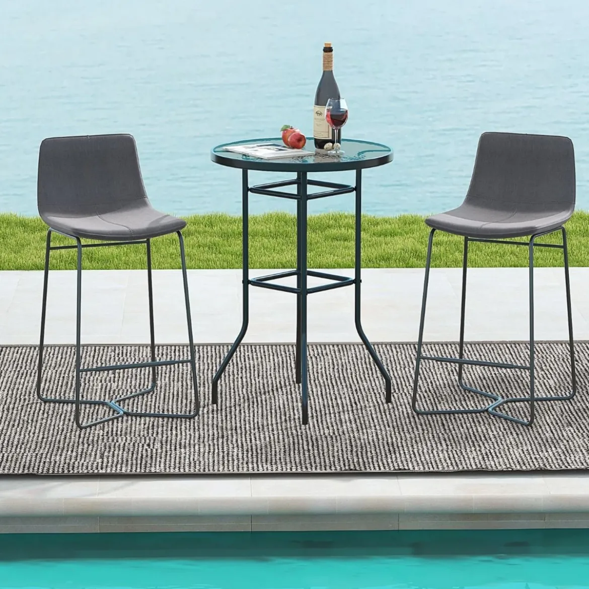 Hoher Gartentisch Stehtisch runder Bistrotisch mit Tischplatte aus gehärtetem Glas 68 x 68 x 97 cm Schwarz