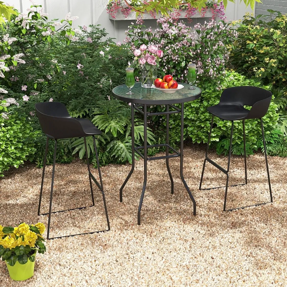 Hoher Gartentisch Stehtisch runder Bistrotisch mit Tischplatte aus gehärtetem Glas 68 x 68 x 97 cm Schwarz