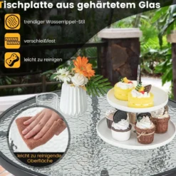Hoher Gartentisch Stehtisch runder Bistrotisch mit Tischplatte aus gehärtetem Glas 68 x 68 x 97 cm Schwarz