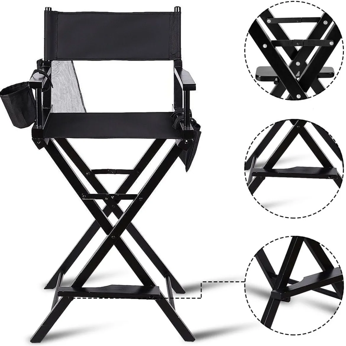 Hoher Regiestuhl Klappstuhl Make-up Chair Schminkstuhl Holz mit Seitentaschen