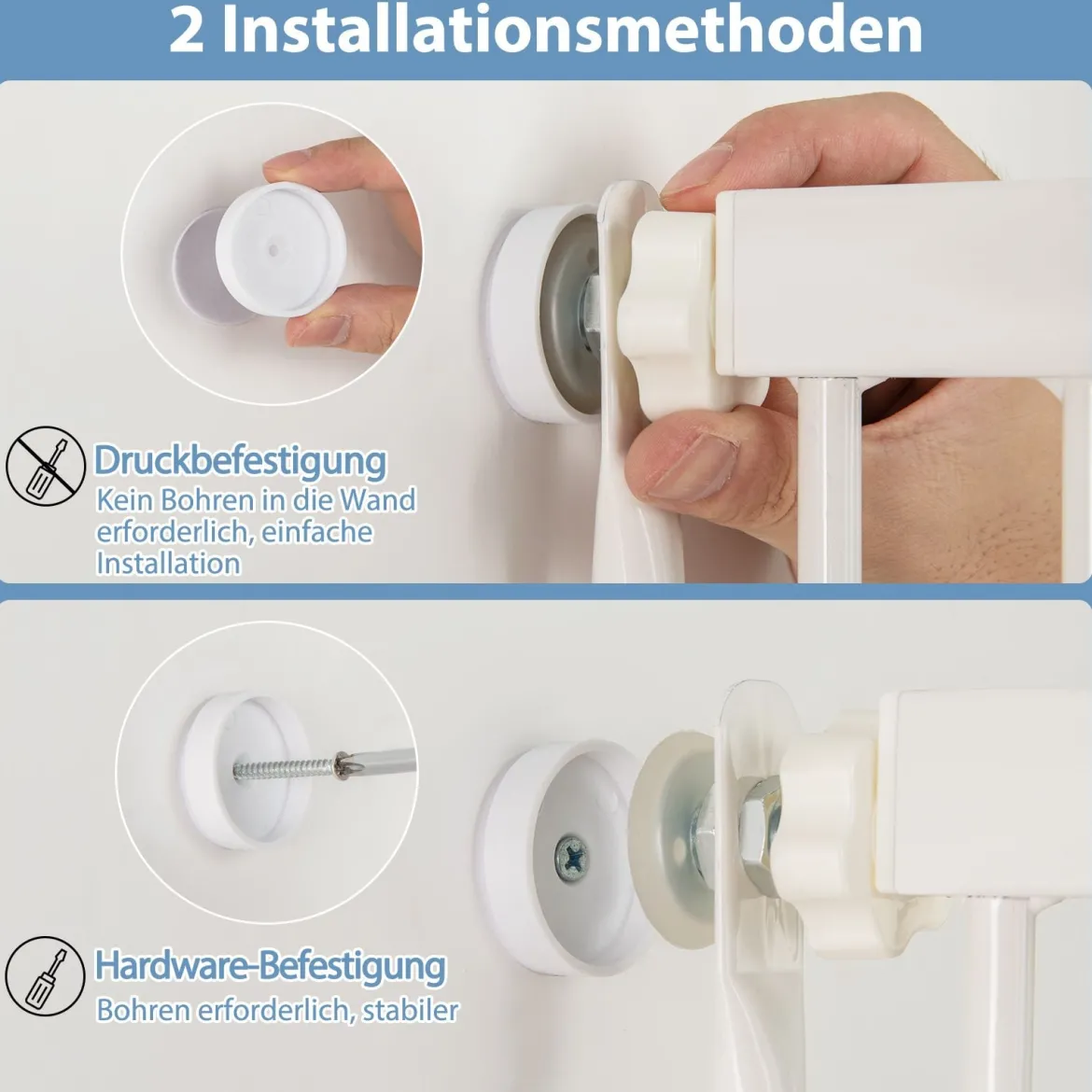 Hohe Tierbarriere Metall-Sicherheitsgitter mit 2 Erweiterungssätze Ohne Bohren 77-104 cm x 171 cm Weiß