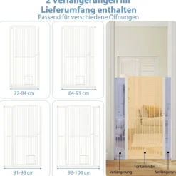 Hohe Tierbarriere Metall-Sicherheitsgitter mit 2 Erweiterungssätze 77-104 cm x 150 cm Ohne Bohren Weiß