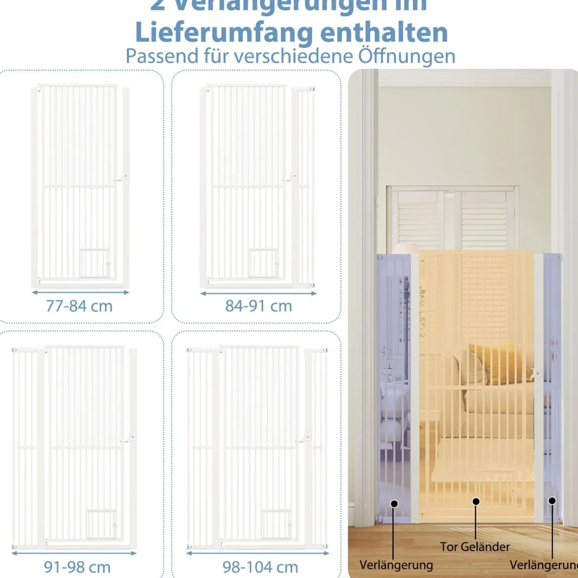 Hohe Tierbarriere Metall-Sicherheitsgitter mit 2 Erweiterungssätze 77-104 cm x 150 cm Ohne Bohren Weiß