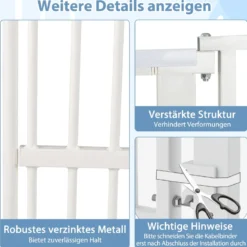 Hohe Tierbarriere Metall-Sicherheitsgitter mit 2 Erweiterungssätze 77-104 cm x 150 cm Ohne Bohren Weiß
