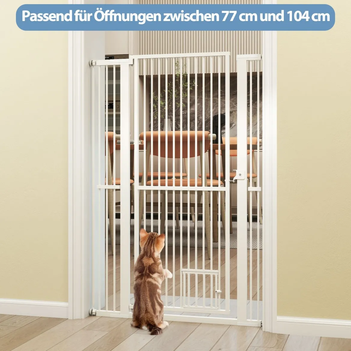 Hohe Tierbarriere Metall-Sicherheitsgitter mit 2 Erweiterungssätze 77-104 cm x 150 cm Ohne Bohren Weiß