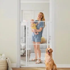 Hohe Tierbarriere Metall-Sicherheitsgitter mit 2 Erweiterungssätze 77-104 cm x 150 cm Ohne Bohren Weiß