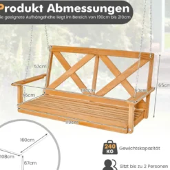 Hollywoodschaukel für 2 Personen mit verstellbaren Ketten belastbar bis zu 240 kg 134 cm Natur