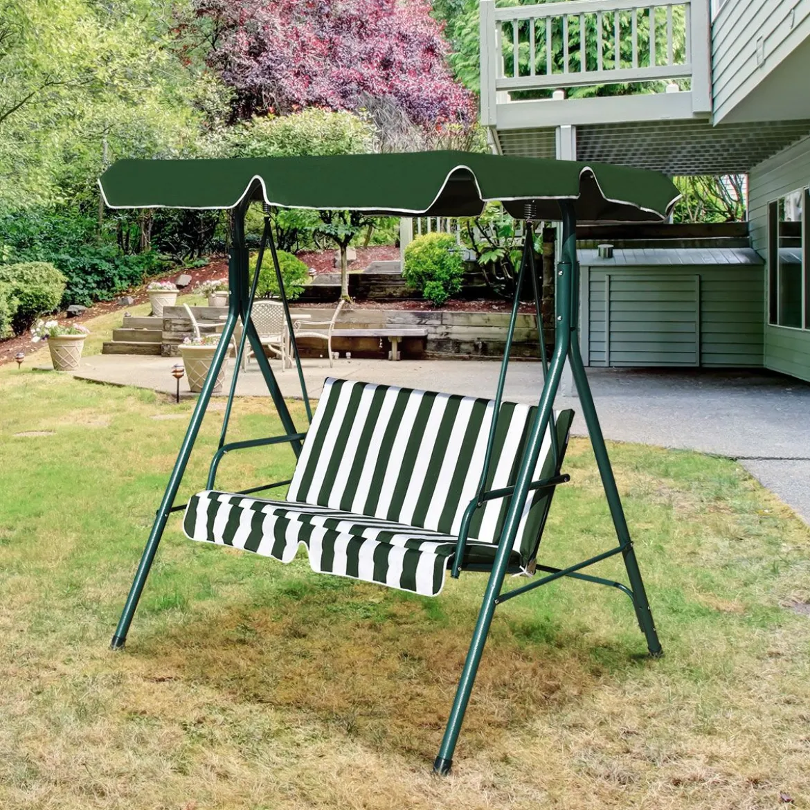 Hollywoodschaukel Gartenschaukel Schaukel Gartenliege Schaukelbank Gartenbank mit Sonnendach Grün + Weiß