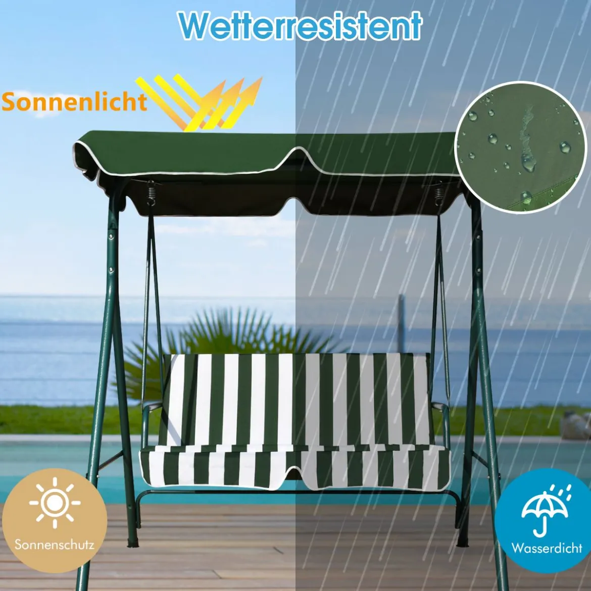 Hollywoodschaukel Gartenschaukel Schaukel Gartenliege Schaukelbank Gartenbank mit Sonnendach Grün + Weiß