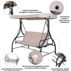 Hollywoodschaukel mit Liegefunktion 3-Sitzer Gartenschaukel 183 x 112 x 178 cm Beige