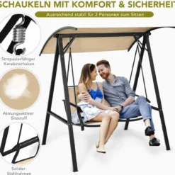 Hollywoodschaukel mit verstellbarem Dach 2-Sitzer Gartenschaukel 152 x 112 x 165 cm Beige
