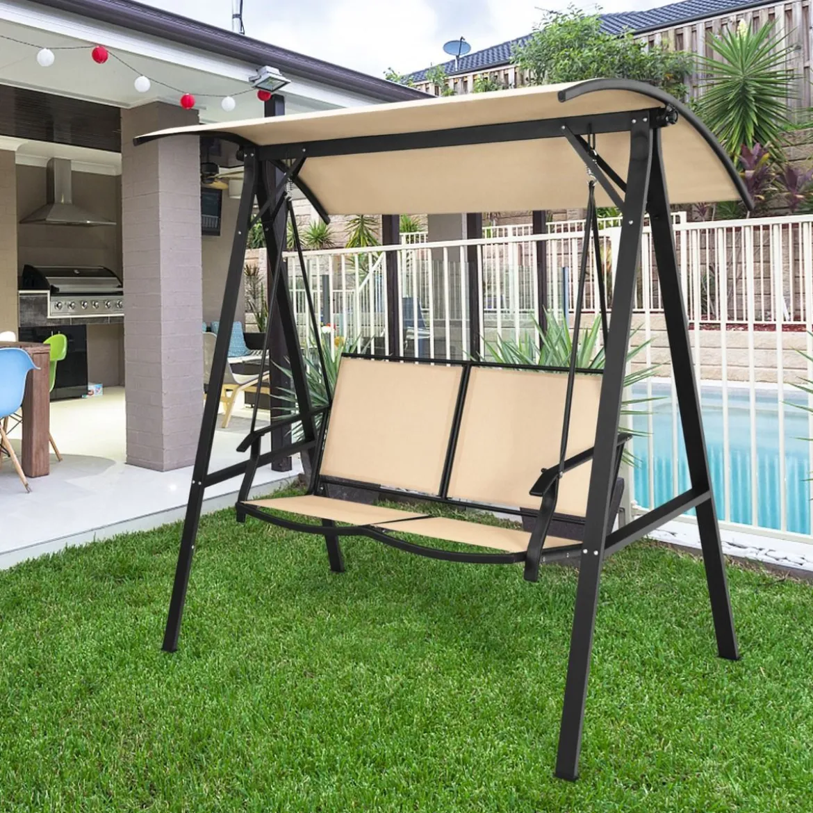 Hollywoodschaukel mit verstellbarem Dach 2-Sitzer Gartenschaukel 152 x 112 x 165 cm Beige